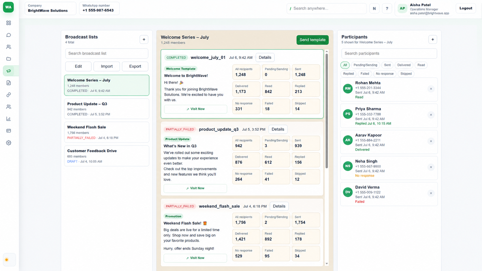 Broadcast campaigns product screenshot in WA CRM